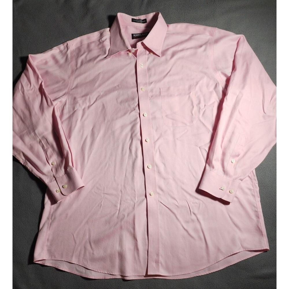 Kirkland Signature Shirt Men Size 17 Pink Button Up Long Sleeve Collar Non Iron